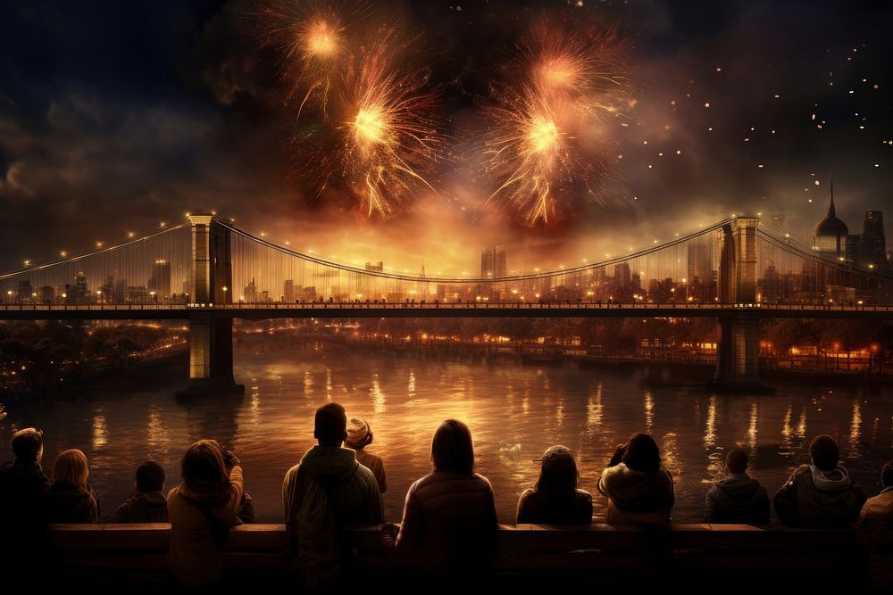 New year bridge fireworks outdoors. AI generated Image by rawpixel.