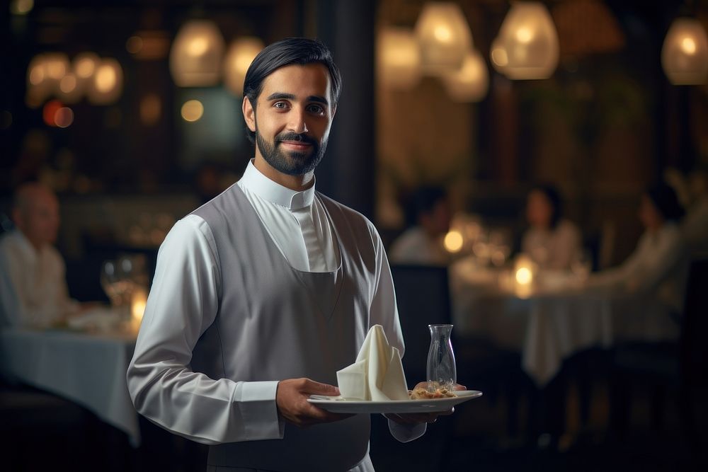 Middle east man waiter restaurant adult food. AI generated Image by rawpixel.