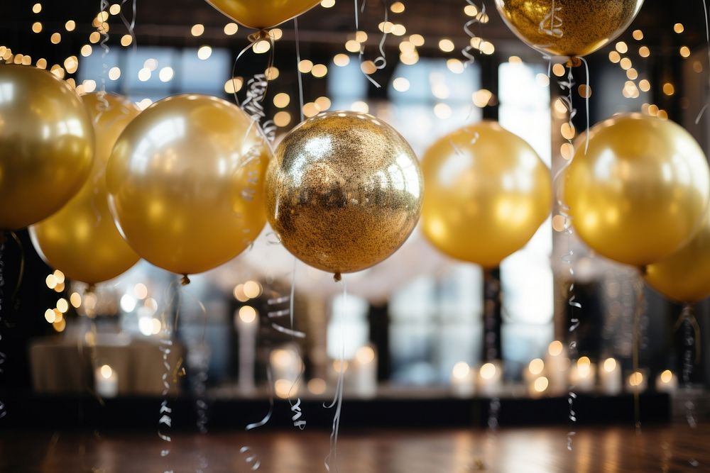 Golden foil balloons sphere party illuminated. AI generated Image by rawpixel.