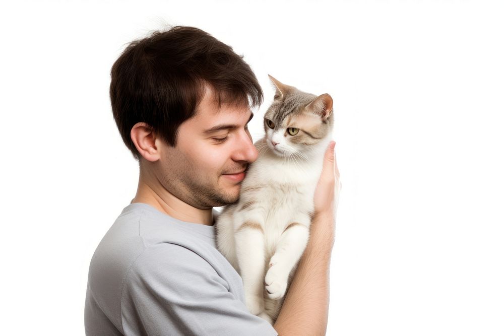 Man hugging a cute cat portrait mammal animal. AI generated Image by rawpixel.