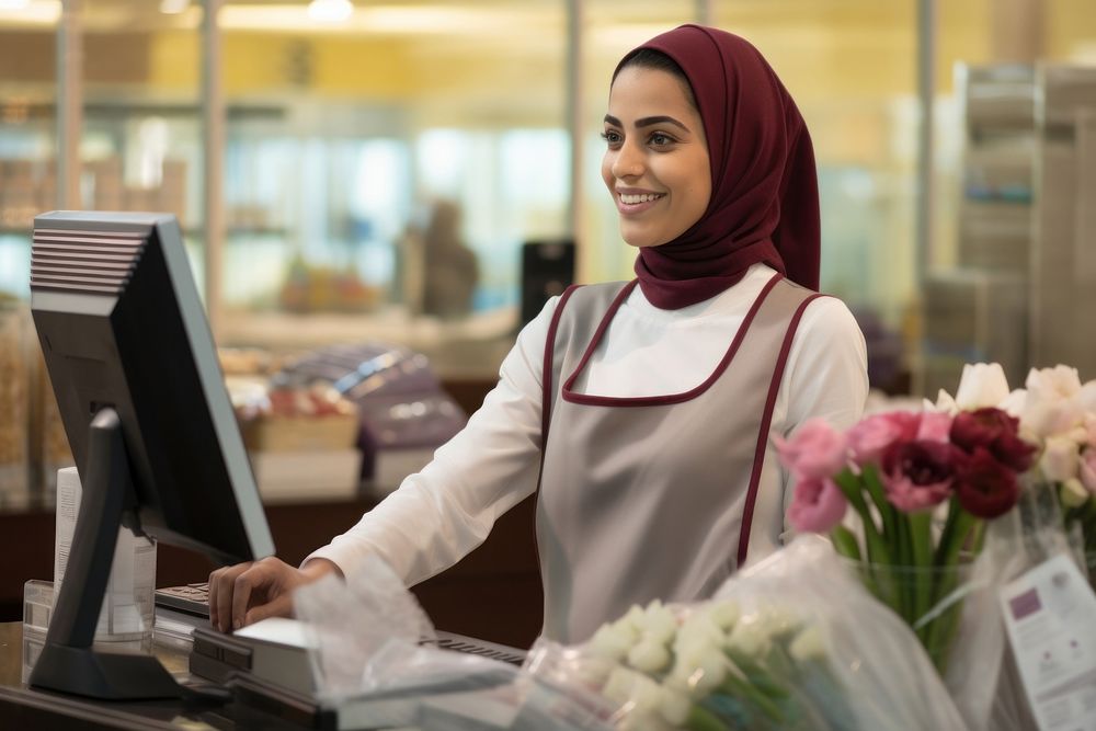 Qatar arab cashier women working market adult. AI generated Image by rawpixel.