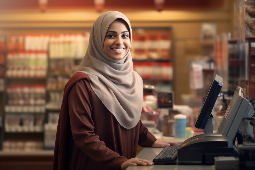 Qatar arab cashier women supermarket working adult. AI generated Image by rawpixel.