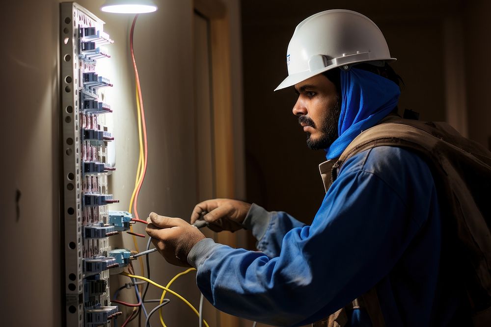 Qatar arab electrician working hardhat helmet. 