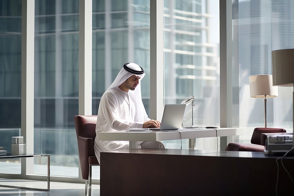 Qatar businessman furniture computer working. AI generated Image by rawpixel.