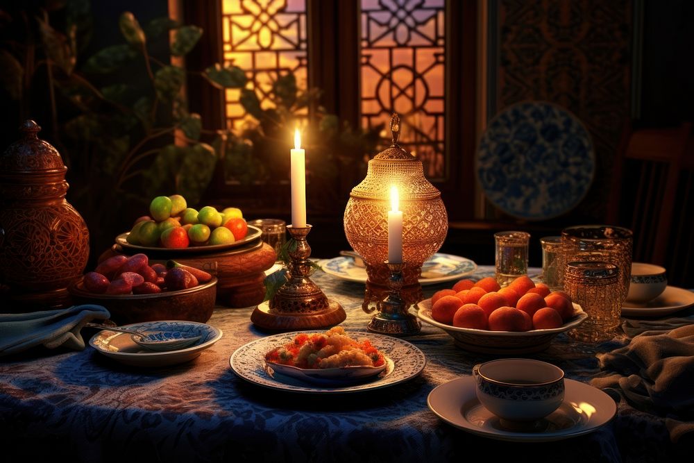 Ramadan furniture candle dinner. AI generated Image by rawpixel.