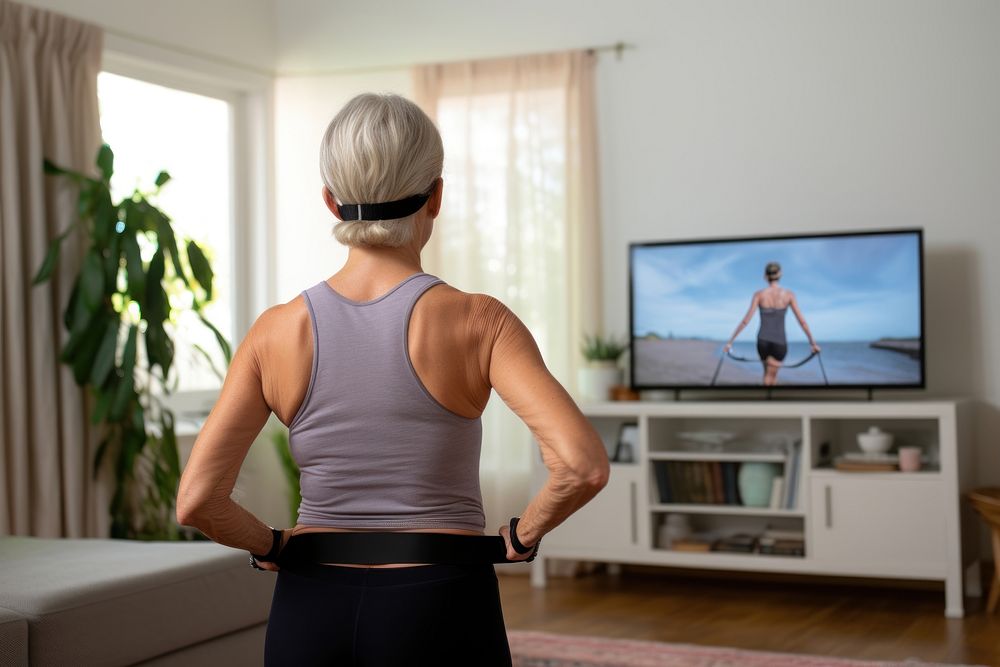 Mature woman watching and copying exercises with a resistance band in her living room television screen adult. AI generated…