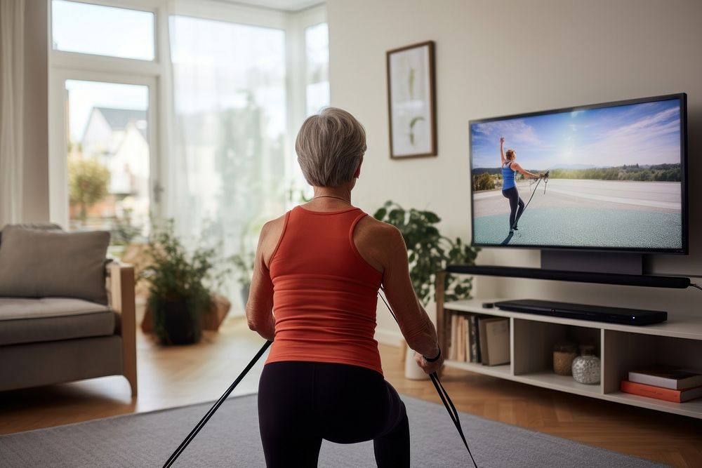 Mature woman watching and copying exercises with a resistance band in her living room adult electronics television. 