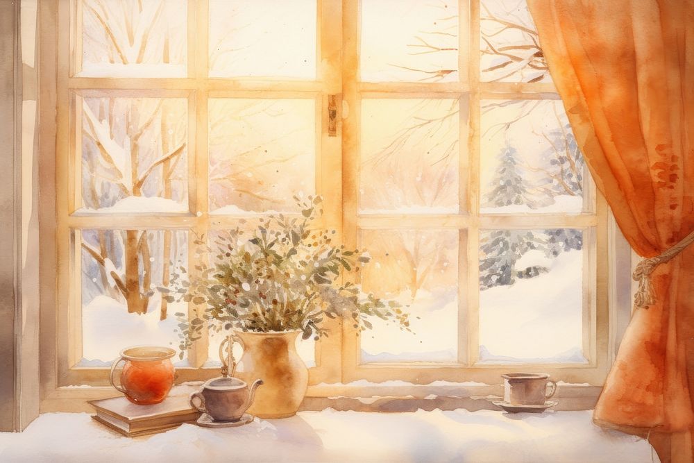 Snow window windowsill painting. AI generated Image by rawpixel.