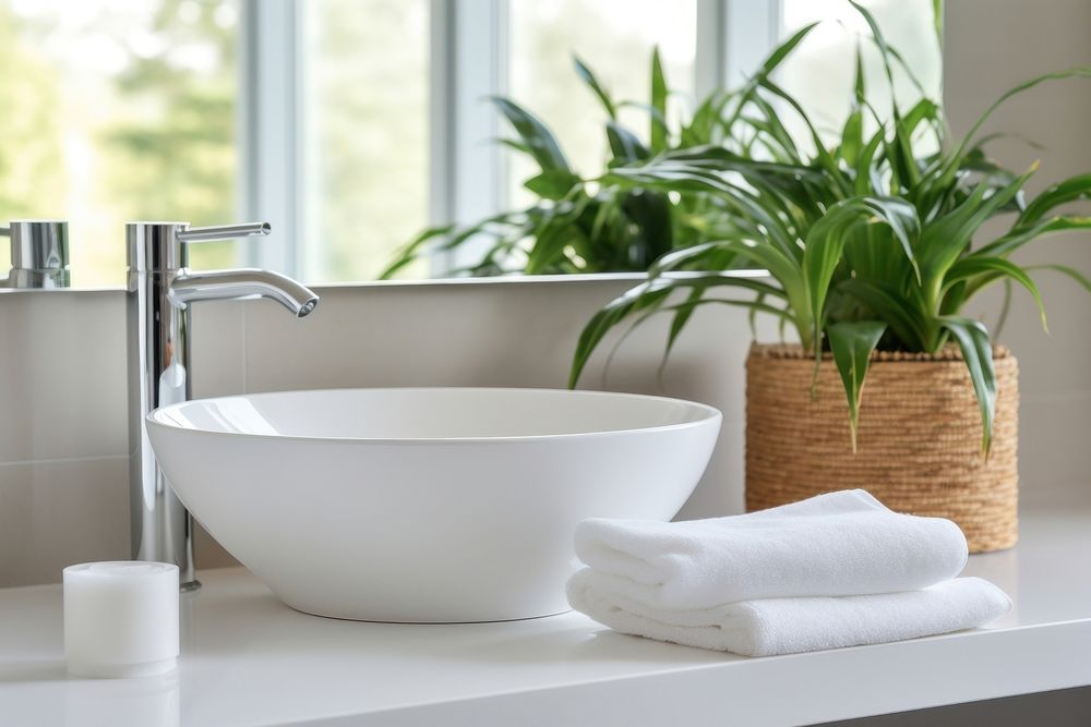 Vessle sink plant bathroom bathtub. 