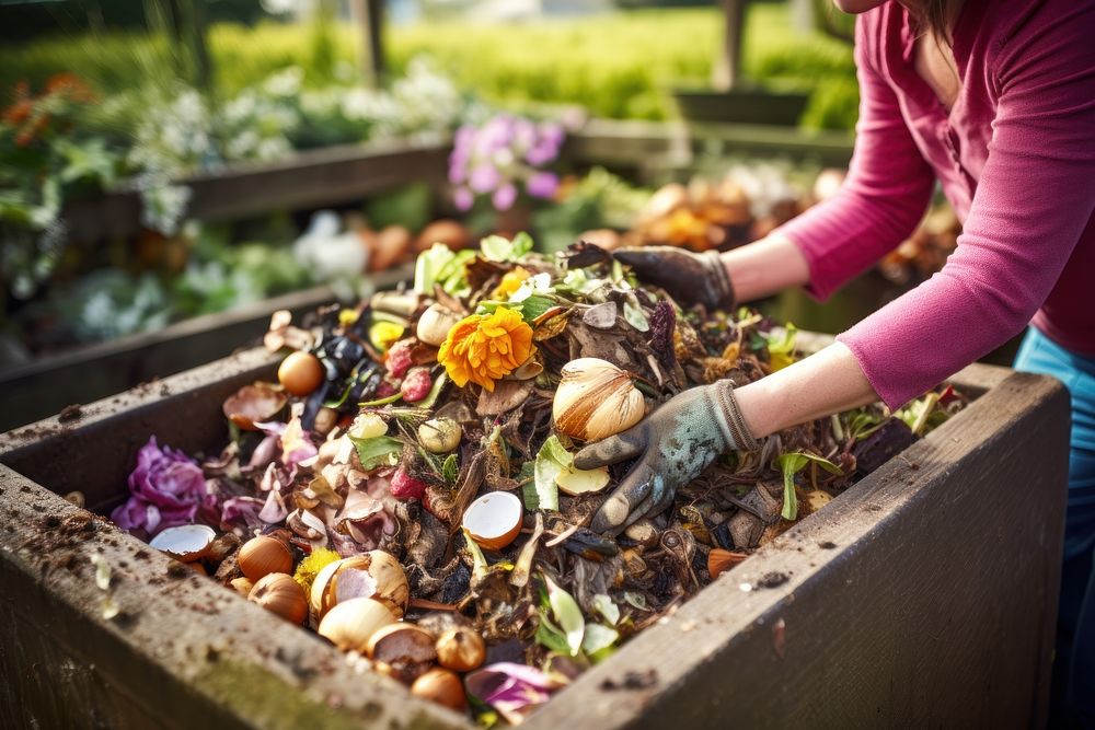 Person composting food waste garden gardening outdoors. 