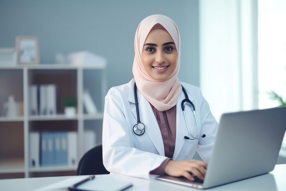 Woman muslim doctor computer stethoscope laptop. AI generated Image by rawpixel.
