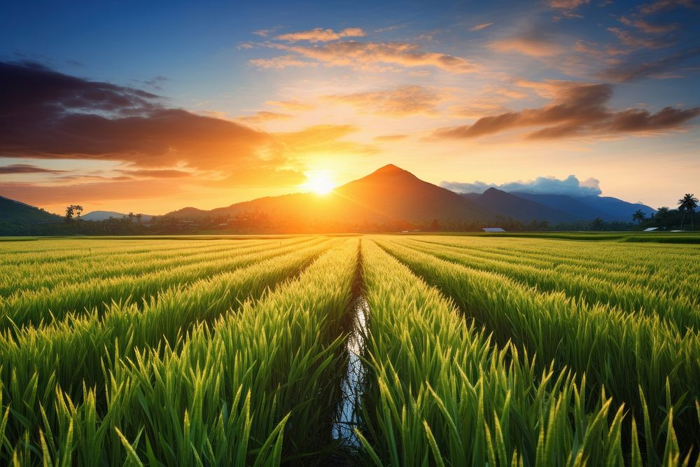 Rice field sun agriculture landscape. 