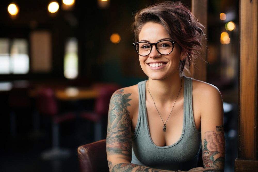 Tattoo glasses portrait smiling. AI generated Image by rawpixel.