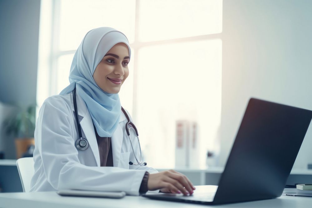 Doctor woman hijab computer doctor stethoscope. AI generated Image by rawpixel.