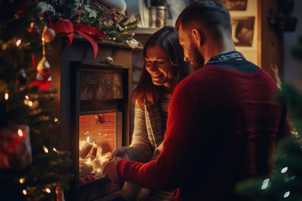 Christmas fireplace adult togetherness. AI generated Image by rawpixel.