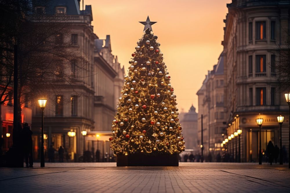 Christmas tree city light architecture. AI generated Image by rawpixel.