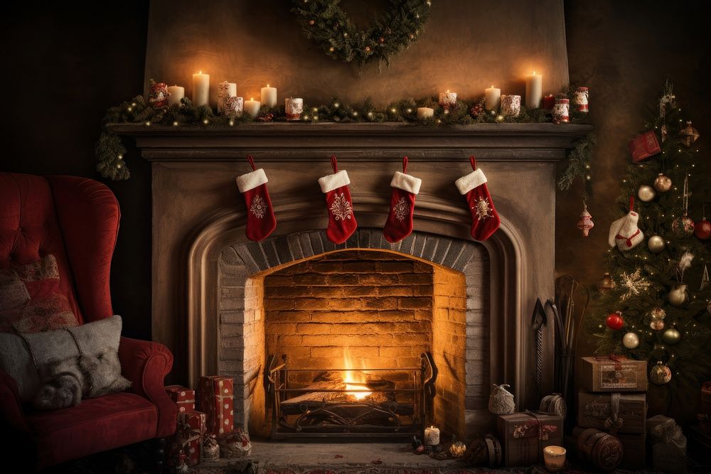 Christmas chimney decoration fireplace hearth. AI generated Image by rawpixel.