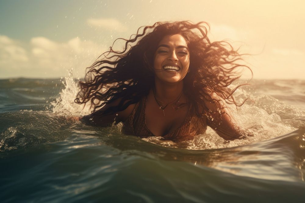Indian woman swimming sea outdoors. AI generated Image by rawpixel.