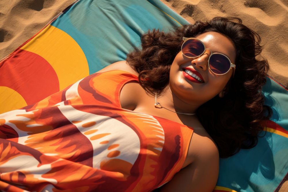 Indian woman sunbathing photography sunglasses. AI generated Image by rawpixel.