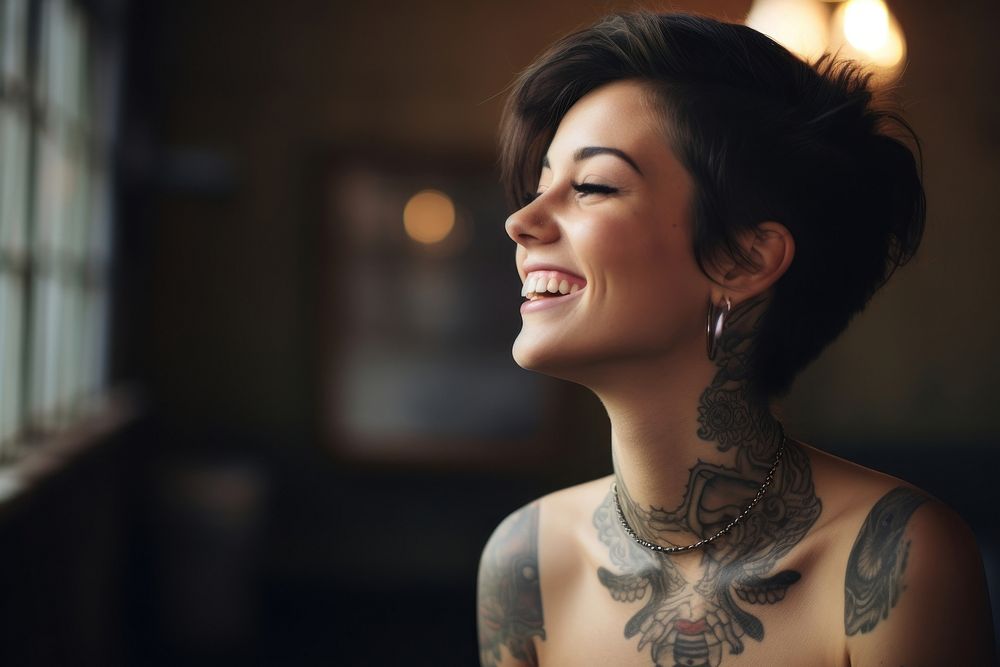 Tattoo portrait smiling smile. AI generated Image by rawpixel.
