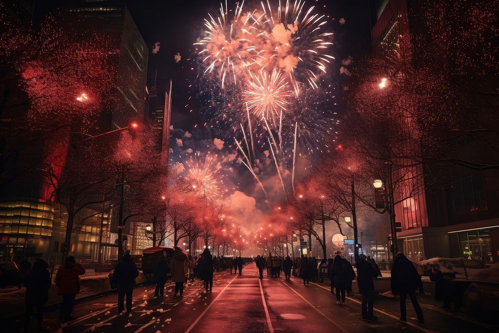 Fireworks city architecture celebration. AI generated Image by rawpixel.