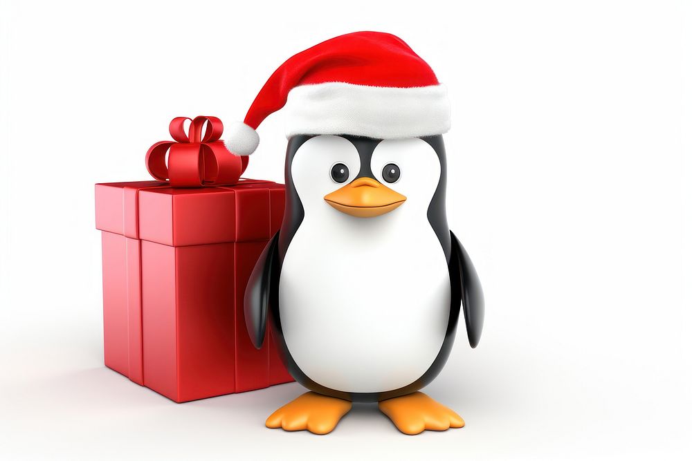 Penguin wear santa hat holding gift box winter bird snow. AI generated Image by rawpixel.