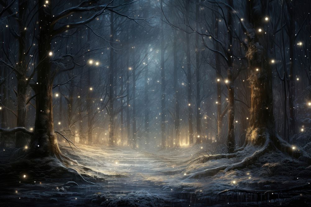 Forest night illuminated landscape. 