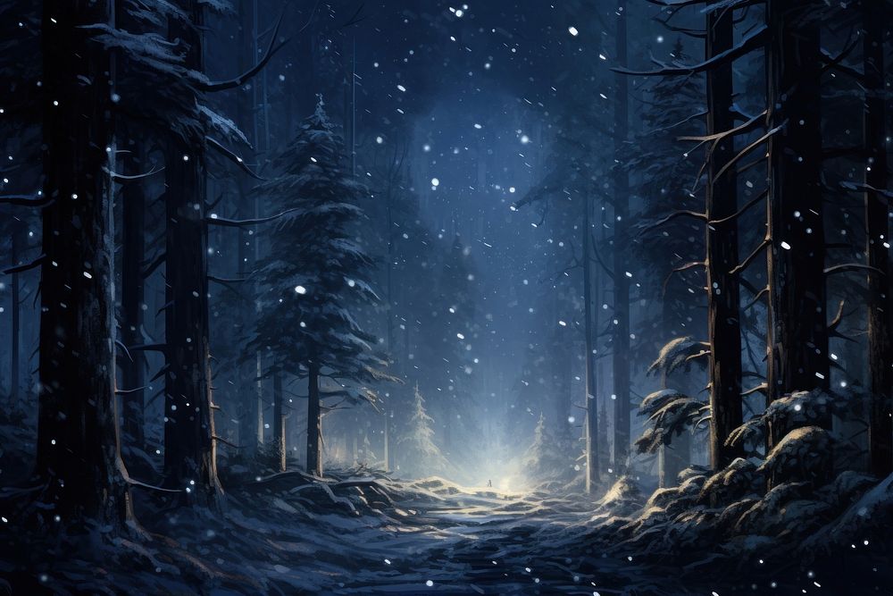 Forest night snow illuminated. AI generated Image by rawpixel.