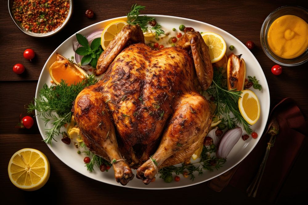 Freshly baked whole chicken dinner plate food. AI generated Image by rawpixel.