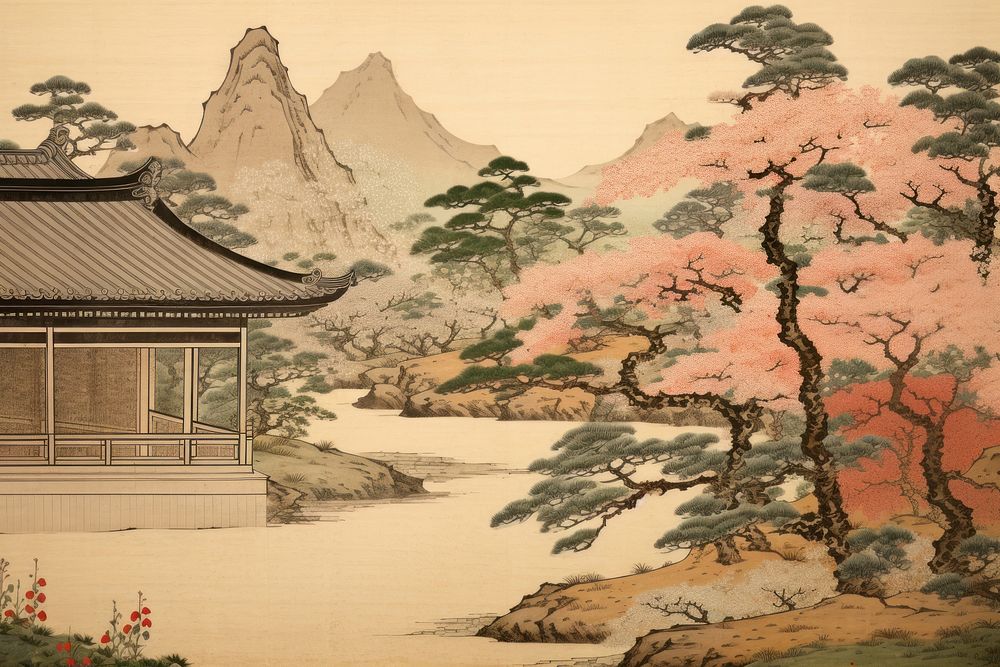 Sakura garden painting art architecture. AI generated Image by rawpixel.