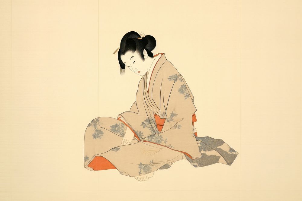 Ukiyo-e art print kimono painting sitting. AI generated Image by rawpixel.