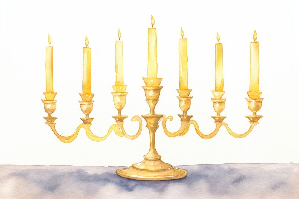 Mini golden Hanukkah modern nine-branched candelabrum lit hanukkah candle candlestick. AI generated Image by rawpixel.