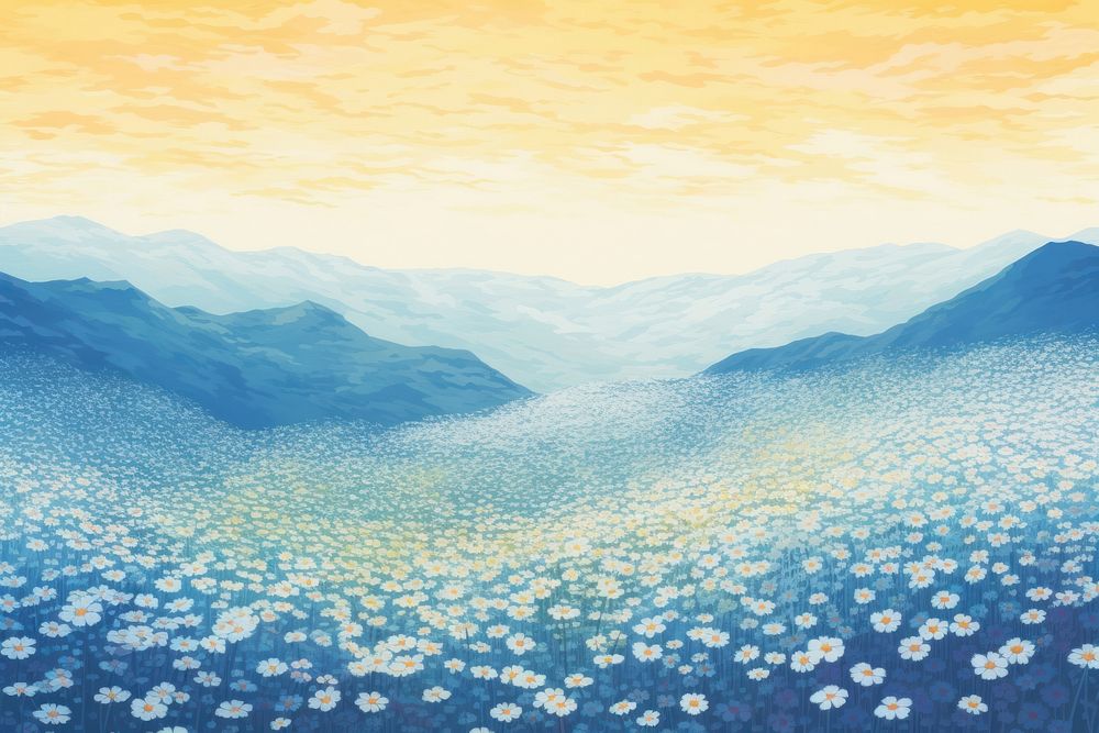 White flower field mountain landscapes backgrounds outdoors painting. AI generated Image by rawpixel.