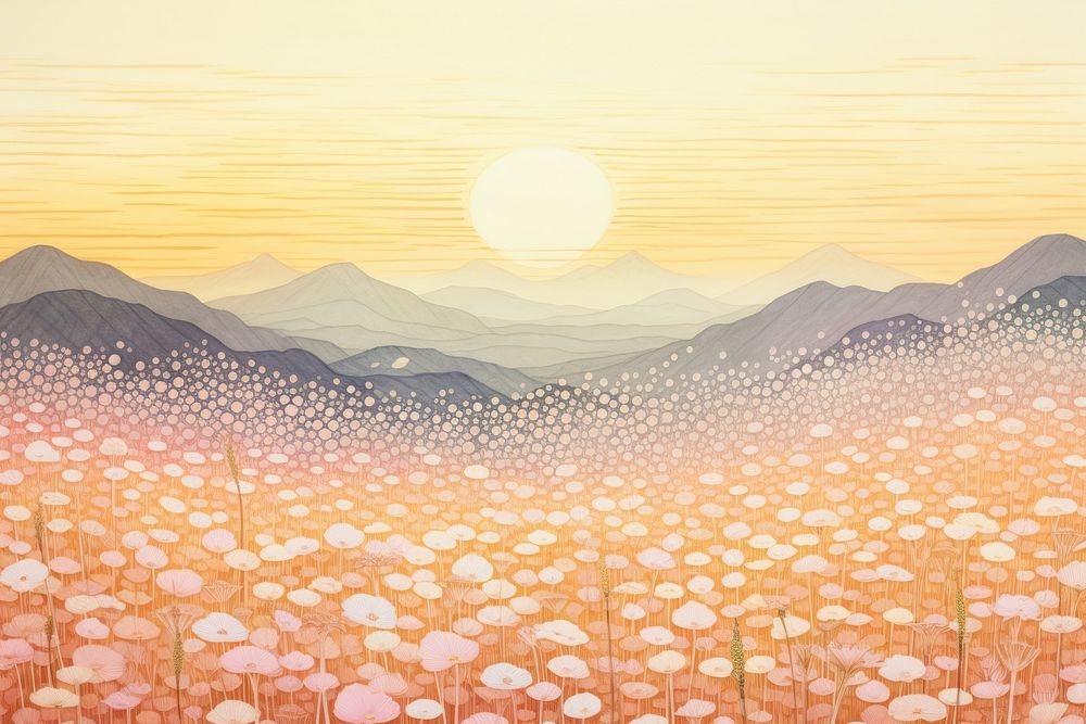 White flower field mountain landscapes backgrounds sunlight outdoors. AI generated Image by rawpixel.