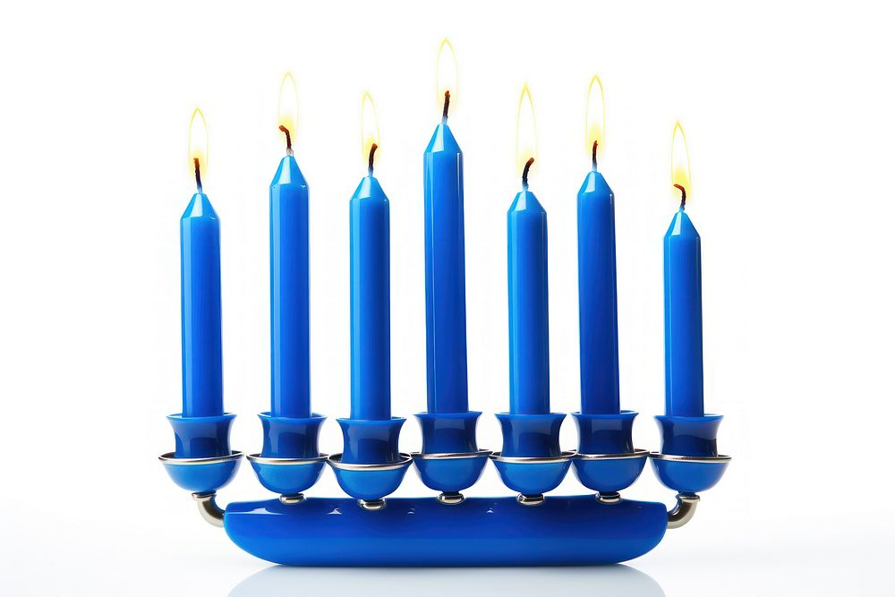 A mini blue Hanukkah modern nine-branched candelabrum lit hanukkah candle white background. AI generated Image by rawpixel.