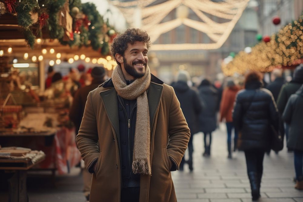 A happy man walk along a christmas market photography portrait adult. AI generated Image by rawpixel.