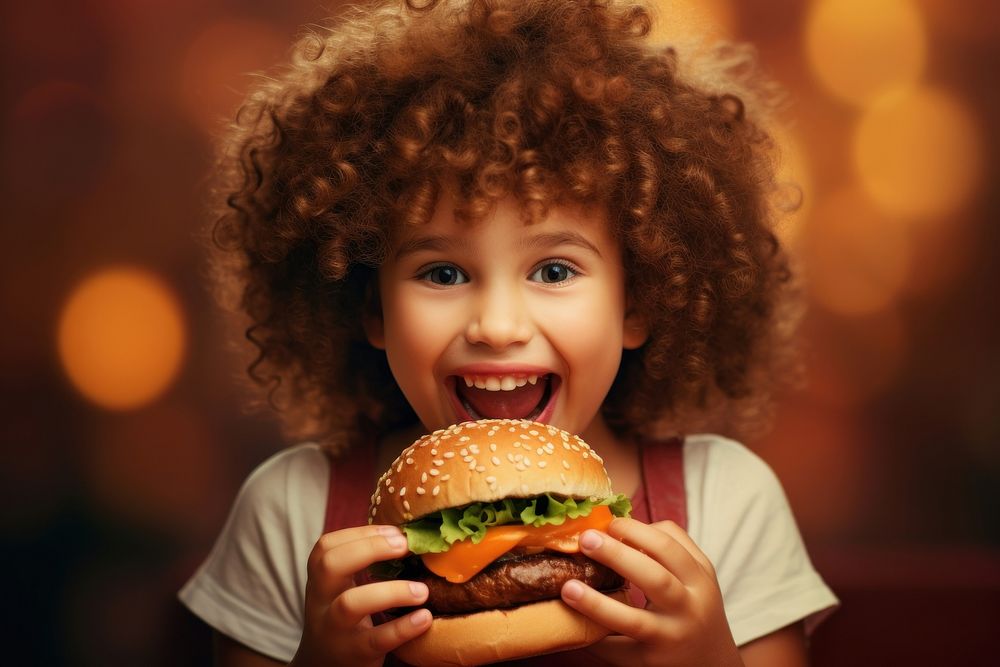 A little cute girl eating burger biting child happy. AI generated Image by rawpixel.
