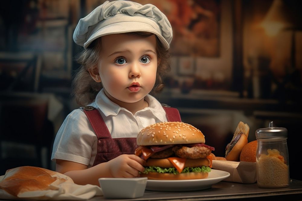 A little girl eating a burger portrait bread photo. AI generated Image by rawpixel.