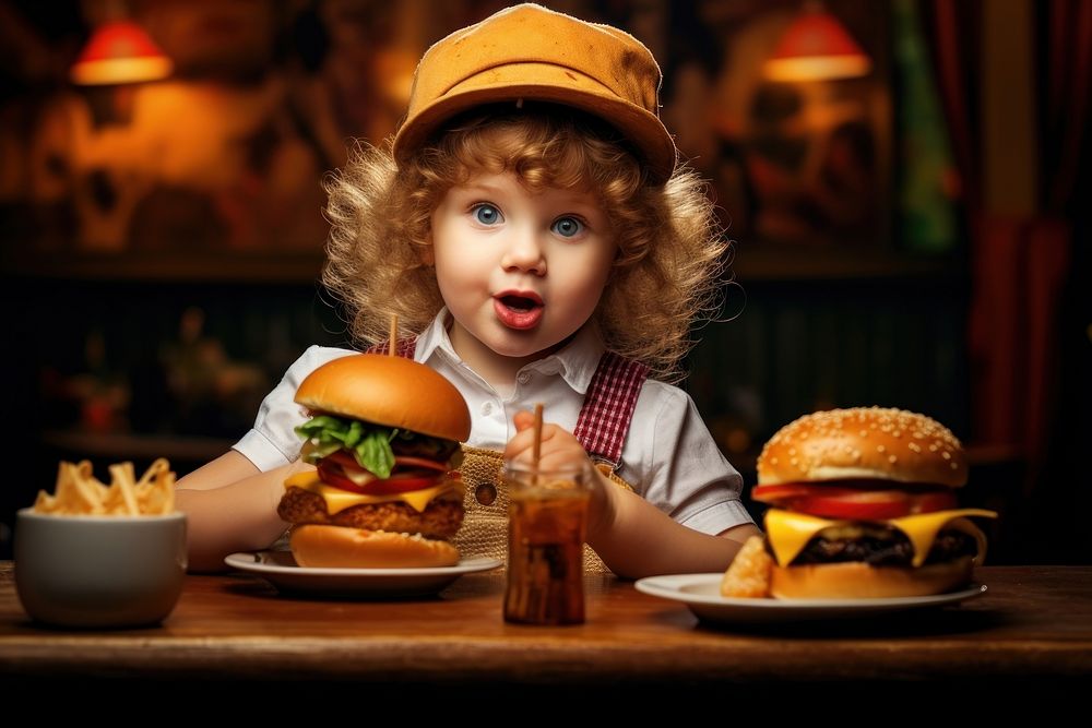 A little girl eats a burger eating food baby. AI generated Image by rawpixel.