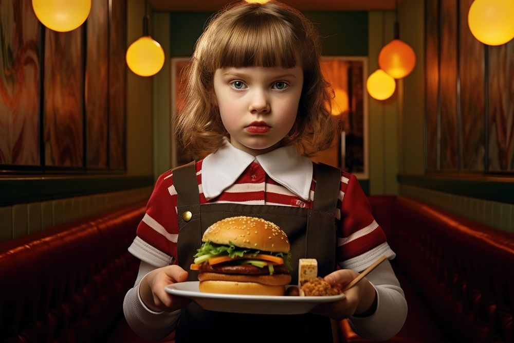 A little girl eats a burger bread child photo. AI generated Image by rawpixel.