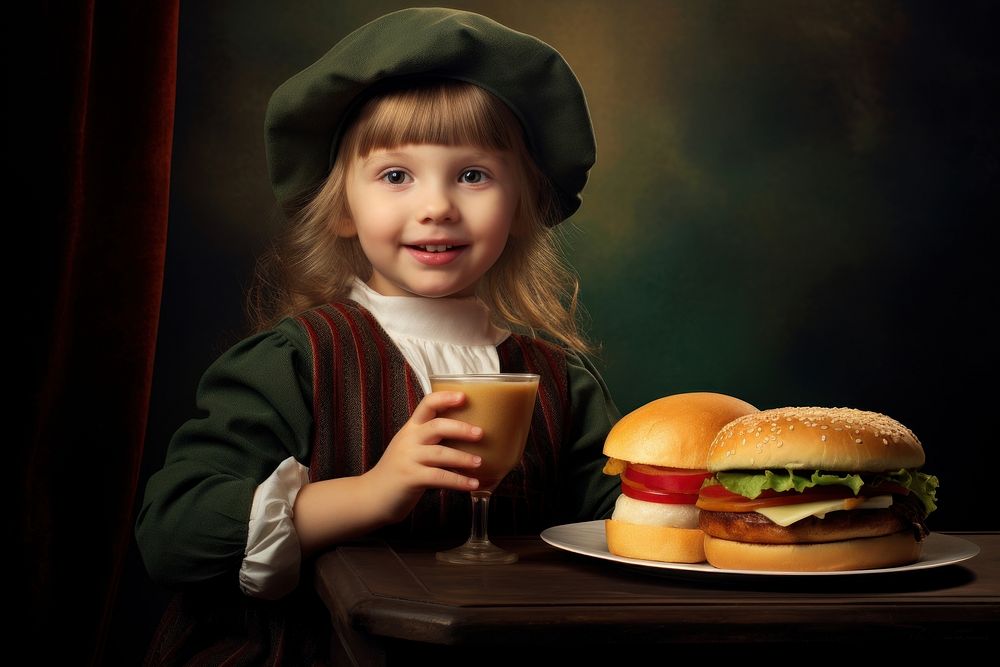 A little girl eats a burger portrait child photo. AI generated Image by rawpixel.