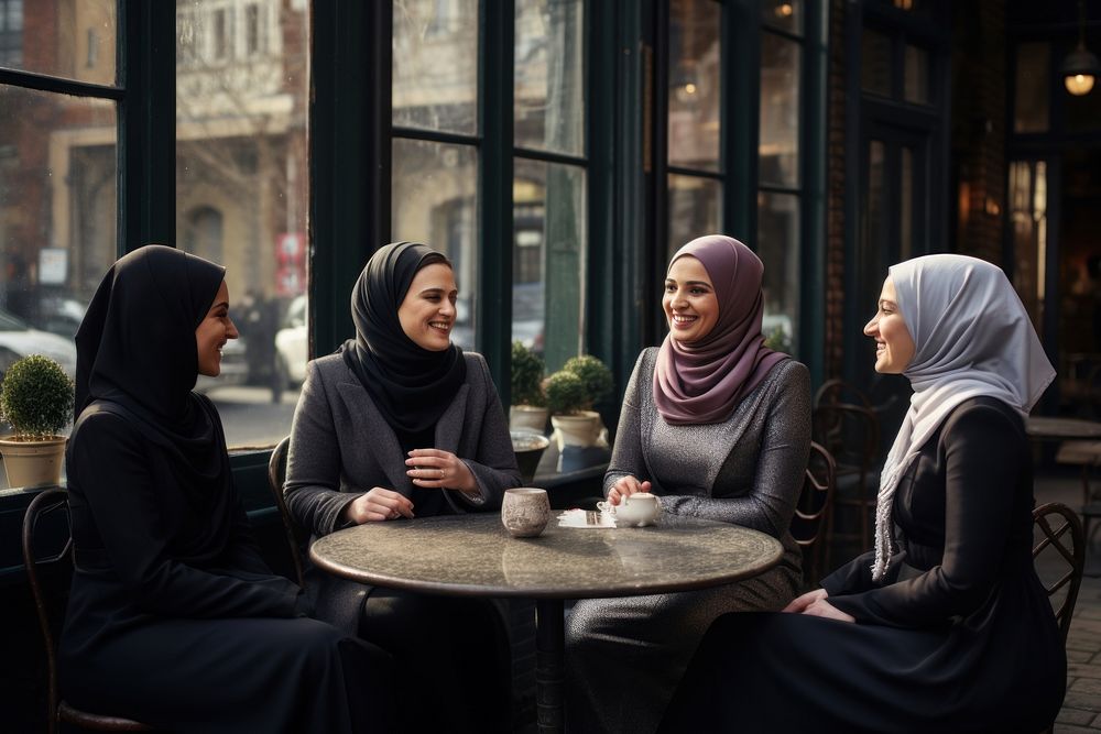 Muslim woman adult cafe togetherness. AI generated Image by rawpixel.