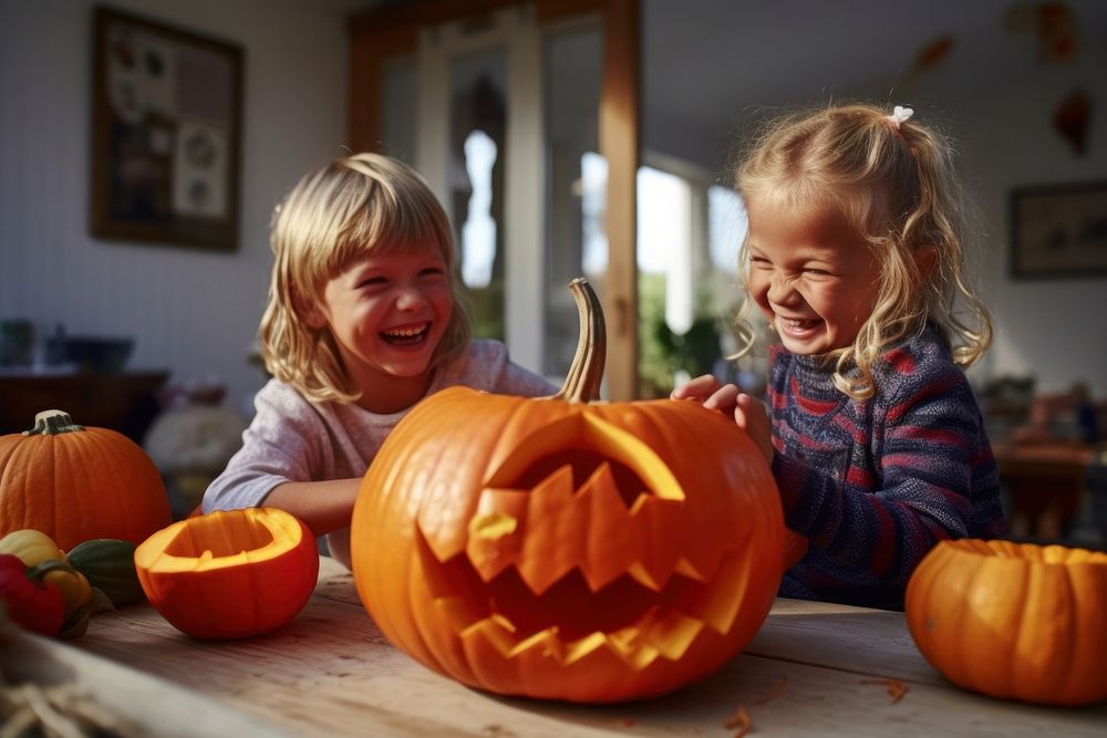 Children carving Halloween pumpkin. AI generated Image by rawpixel.