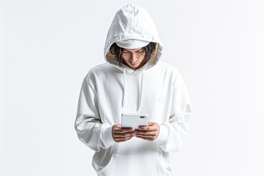 Male play smartphone sweatshirt white white background. 