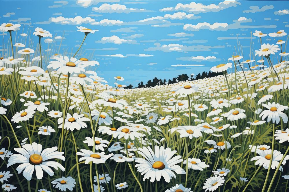 Daisy flower field landscape grassland outdoors. AI generated Image by rawpixel.