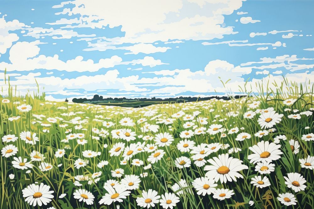 Daisy flower field landscape grassland outdoors. AI generated Image by rawpixel.