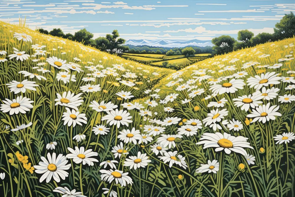 Daisy flower field scenes landscape grassland outdoors. AI generated Image by rawpixel.