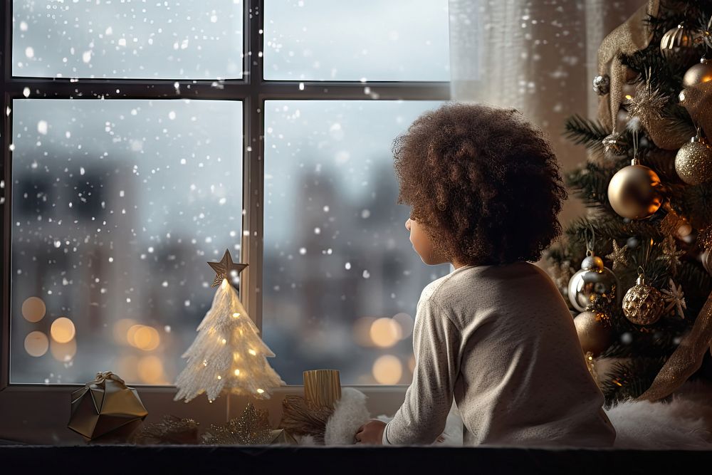 Christmas window sitting child. AI generated Image by rawpixel.
