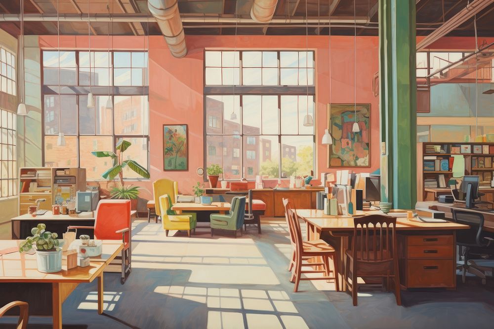 Co working space furniture painting library. AI generated Image by rawpixel.