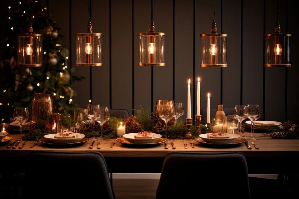 Christmas dinner table furniture christmas lighting. AI generated Image by rawpixel.